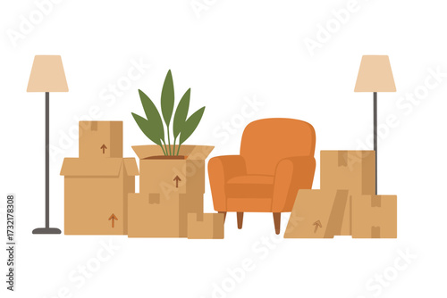 Moving to a new house concept with packed cardboard boxes, cozy armchair, green plant, floor lamps, home furniture relocation, transport and removal services illustration
