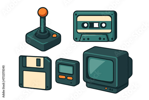 Classic retro electronic devices assortment with vintage joystick, audio cassette, floppy disk, and old television