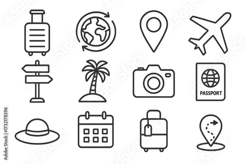 Travel icons set with suitcase, globe, location pin, airplane, direction sign, palm tree, camera, passport, sun hat, calendar, and luggage vector illustration with transparent background