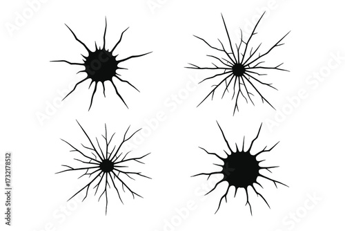 Set of black cracked hole vector illustrations with transparent background, shattered glass cracks design, broken surface texture elements, damage and destruction art
