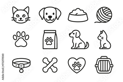 Pet shop icon set. Cat and dog simple outline icons. Line art vector illustration for pet care, food, toys and accessories. Puppy, kitten, veterinary and grooming symbols.