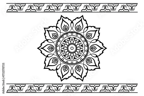Intricate Black and White Mandala with Decorative Borders for Coloring