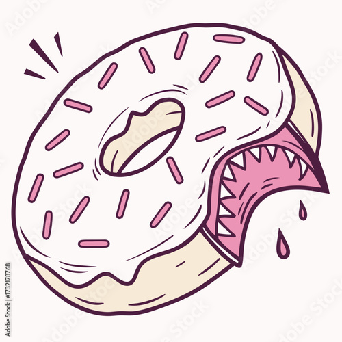 A donut with white frosting and pink sprinkles is being eaten