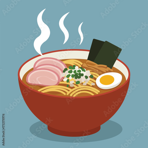 Steaming bowl of ramen with egg, pork, nori, scallions, and noodles