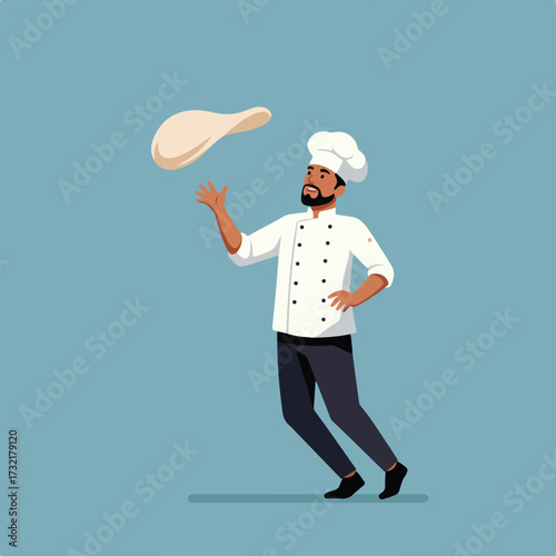 Chef tossing pizza dough in the air against blue background