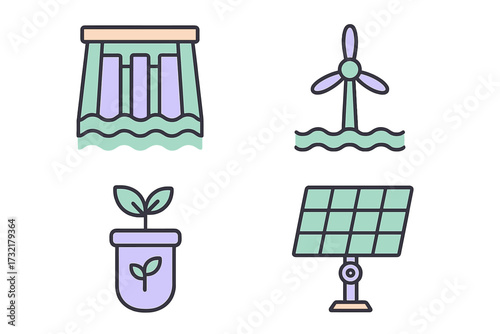 Renewable energy sources and sustainable development including hydropower, wind power, solar energy, and plant growth