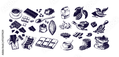 Cocoa and chocolate set. Hand drawn sketch drawings. Chocolate bar and pieces, cocoa pod and cocoa beans bag. Retro style vector illustrations collection