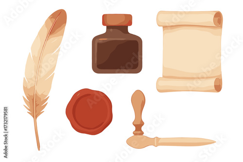 Elegant vintage writing tools set with quill pen, inkwell, parchment scroll, wax seal, and letter opener, antique stationery items