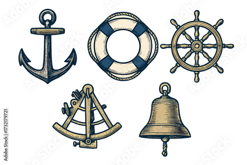 Classic maritime navigation and safety equipment set with anchor, lifebuoy, ship wheel, sextant, and bell