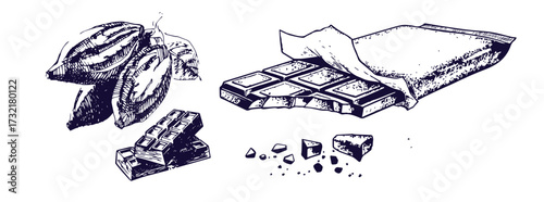 Cocoa and chocolate set. Hand drawn sketch drawings. Chocolate bar and pieces, cocoa pod and cocoa beans bag. Retro style vector illustrations collection