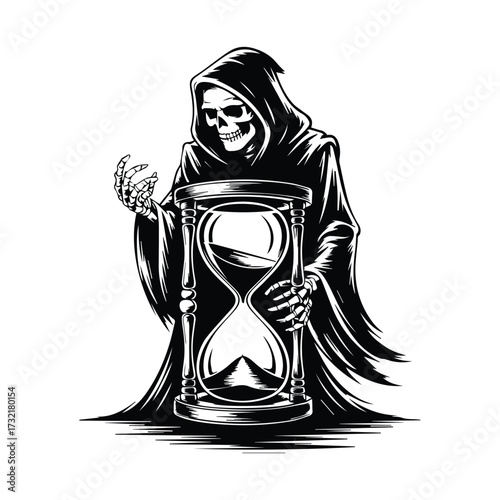 Grim reaper holding skull and hourglass symbolizing mortality and the passage of time