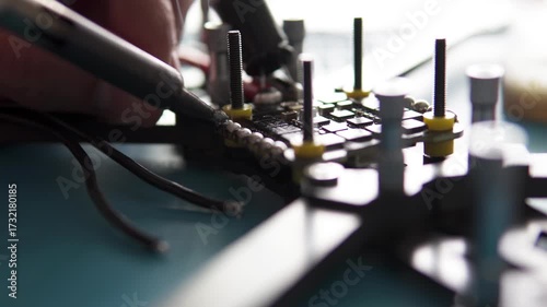 A specialist performs soldering on an FPV drone, attaching power and signal wires to its control board.
