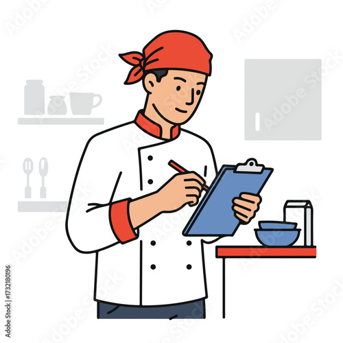 Chef in uniform taking notes on a clipboard, kitchen background