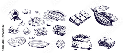 Cocoa and chocolate set. Hand drawn sketch drawings. Chocolate bar and pieces, cocoa pod and cocoa beans bag. Retro style vector illustrations collection