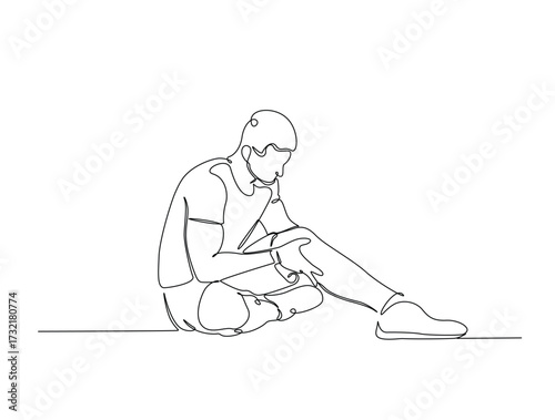 Continuous line art drawing of young man with knee pain. Man struggle with leg injury or trauma in single line art drawing vector illustration. Editable stroke.
