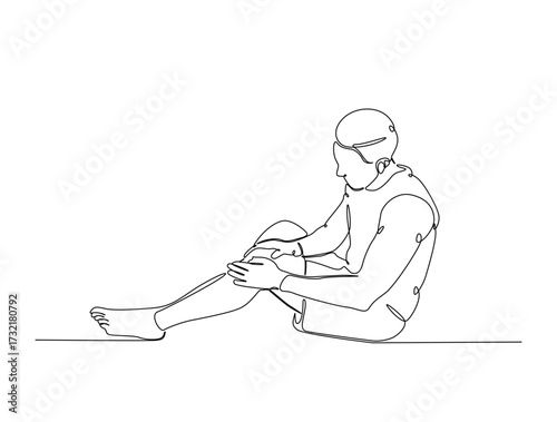 Continuous line art drawing of young man with knee pain. Man struggle with leg injury or trauma in single line art drawing vector illustration. Editable stroke.
