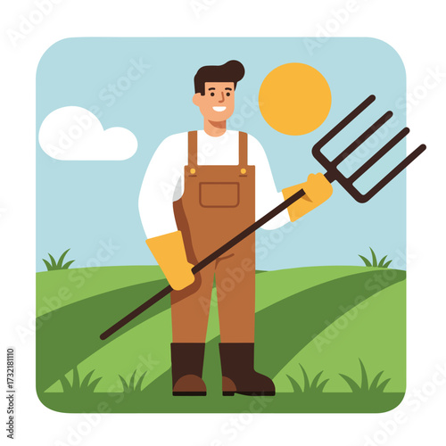 Flat illustration of a farmer with pitchfork on a green field under a sunny sky