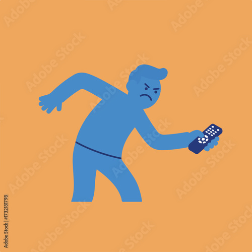 Angry blue figure holds a remote control with upset expression