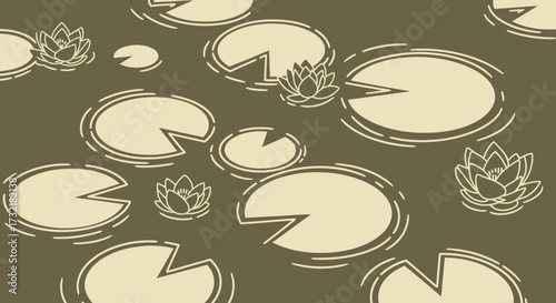 Lily pads and flowers pattern on khaki