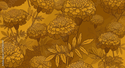 Golden floral pattern featuring marigolds and leaves