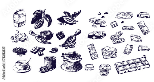 Cocoa and chocolate set. Hand drawn sketch drawings. Chocolate bar and pieces, cocoa pod and cocoa beans bag. Retro style vector illustrations collection