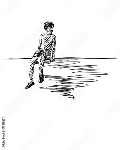 Black and white vector of a seated boy in shorts and sandals, sketch style with relaxed pose and tranquil summer mood