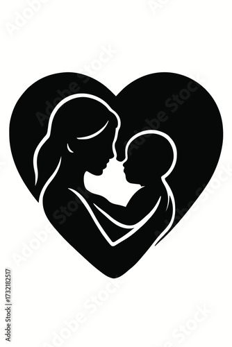 Mother and Baby Silhouette in Heart Shape Love and Maternity Icon Vector