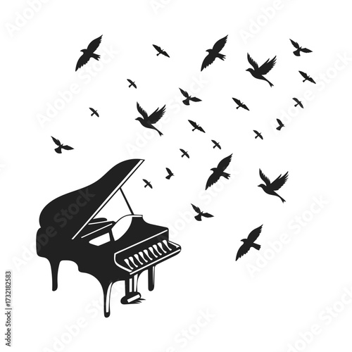 Black silhouette of a grand piano with a flock of birds flying away from it isolated on white background