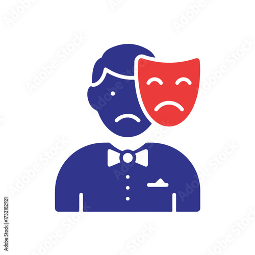 Icon of person wearing sad mask; blue and red color palette