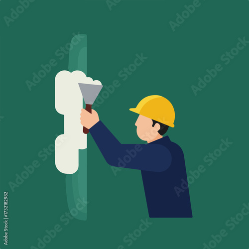 Builder with putty knife, patching wall against a dark green background