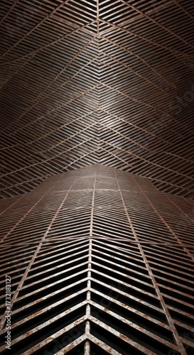 Intricate industrial metal grate pattern with a dramatic perspective and textured details
