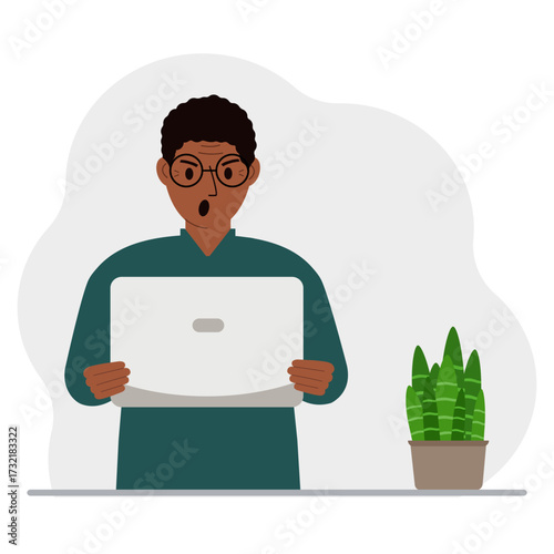 A man is holding or using a laptop computer PC. Laptop computer technology concept. Vector flat illustration.