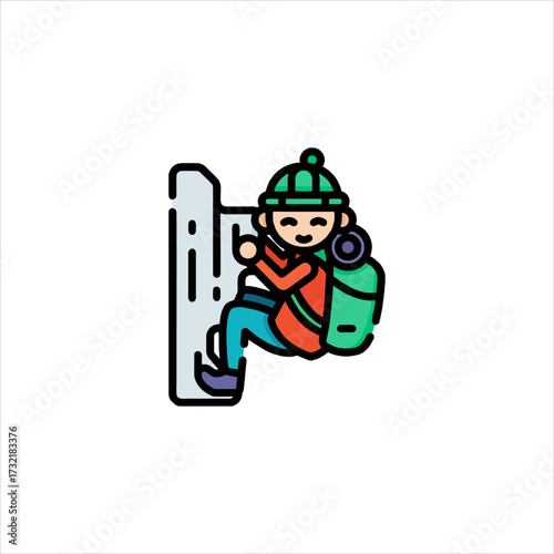 Smiling climber ascends artificial rock wall with backpack in indoor gym, showcasing determination and skill in a challenging sport.