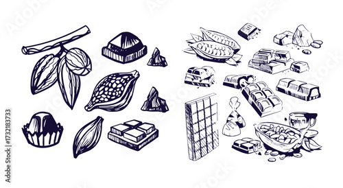 Cocoa and chocolate set. Hand drawn sketch drawings. Chocolate bar and pieces, cocoa pod and cocoa beans bag. Retro style vector illustrations collection