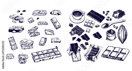 Cocoa and chocolate set. Hand drawn sketch drawings. Chocolate bar and pieces, cocoa pod and cocoa beans bag. Retro style vector illustrations collection