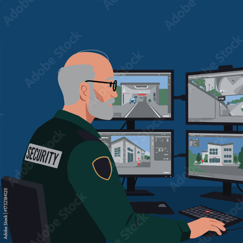 Security guard at monitors watching building surveillance footage