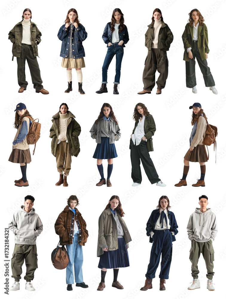 Fototapeta premium PNG Trendy autumn fashion ensemble showcase, element set on transparent background