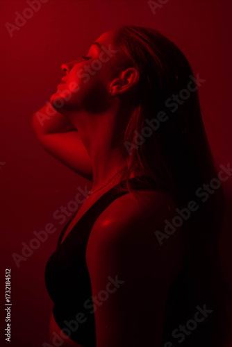 Siluette women Portrait with long hair in red color
