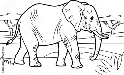 African elephant walking in a savanna landscape line drawing trees