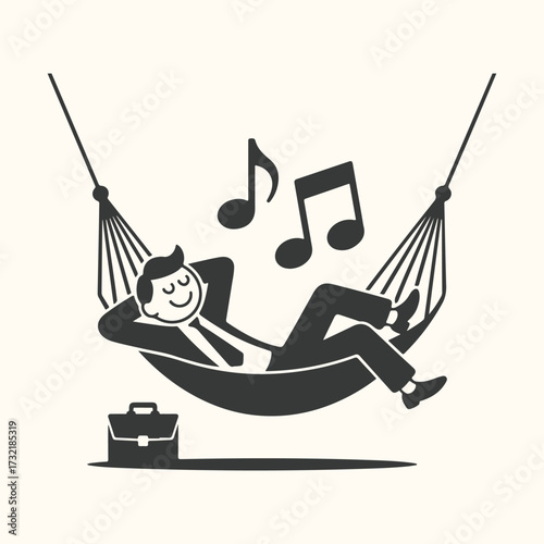 Vector art of a businessman relaxing in a hammock, listening to music, with his briefcase nearby, symbolizing a break from work and stress relief