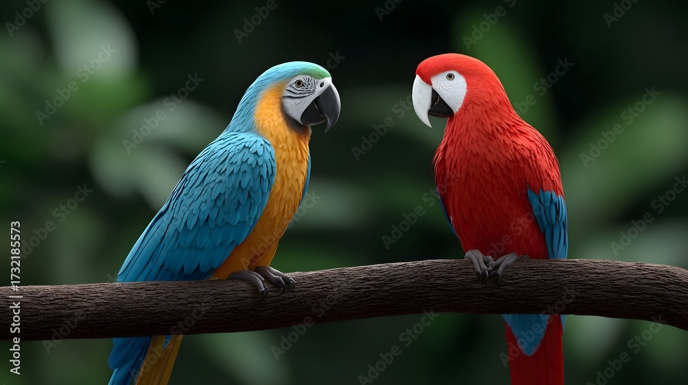 Obraz premium Two brightly colored parrots, a blue and gold aw and a red and green aw, sitting side by side on a wooden branch against a lush, green background.