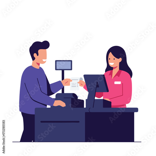 Paying at counter with smiling clerk receiving receipt from happy customer