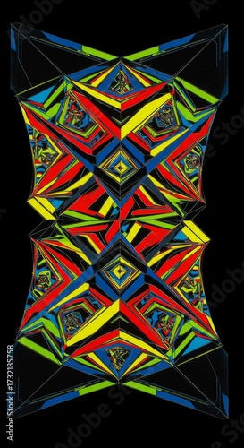 Vibrant geometric kaleidoscope pattern with hypnotic repeating shapes and bold colors