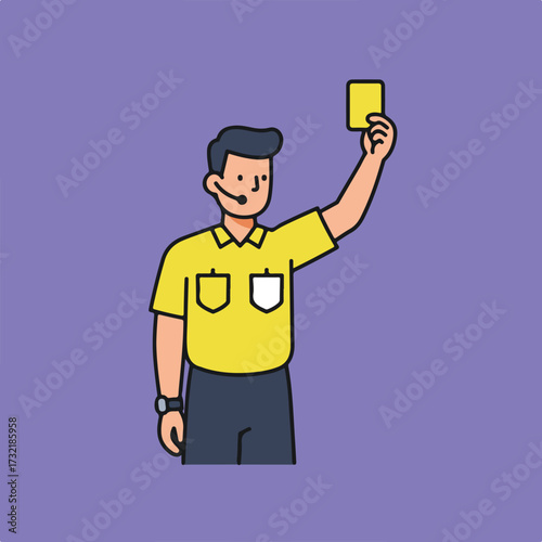 Referee holds up a yellow card with a mic on a lavender background