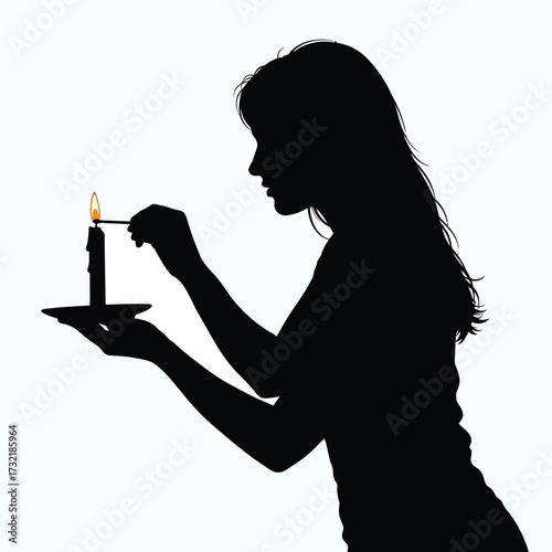 Woman silhouetted lighting candle holding candle holder occasion celebration romantic ambiance silhouette