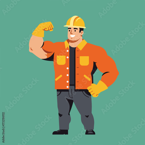 Strong construction worker with helmet flexing arm on a teal background