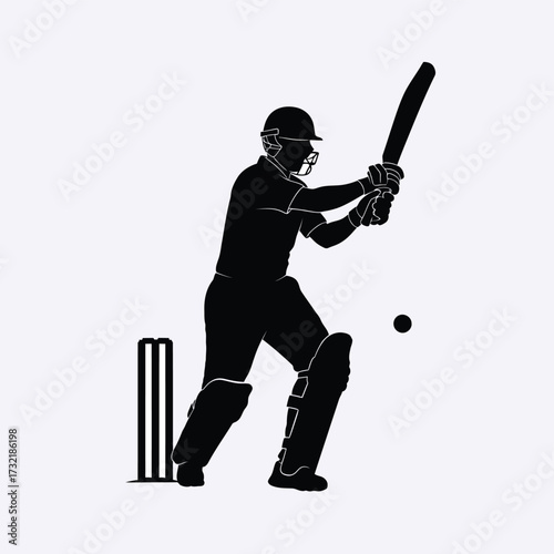 Silhouette of a cricketer batting during a match ready to hit the ball silhouette