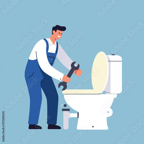 Plumber with wrench fixing leaking toilet, blue background