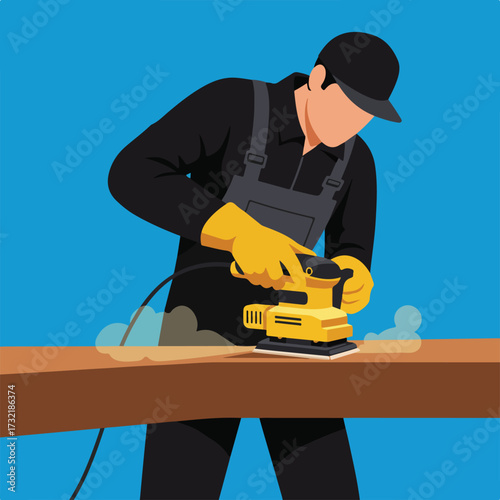 Worker sands wood beam with power sander, wearing overalls, gloves, and hat on blue background