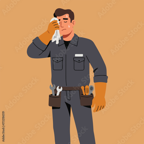 Sweaty worker wipes brow, wearing uniform, tools, hard work illustration